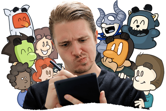 Photo of Adam surrounded by the blog cartoon characters